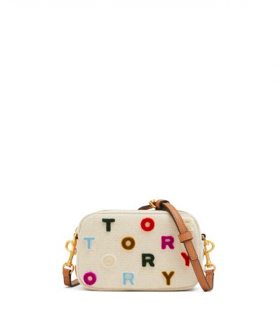 Tory Burch Bag Perry Fil Coupe Wristlet Letters Canvas Natural