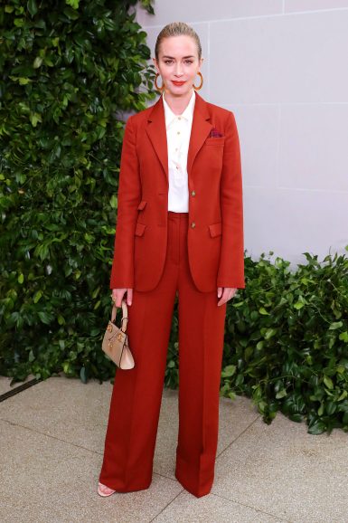Emily Blunt wearing Spring/Summer 2020 Tech Wool Suit, Silk Blouse, Lee Radziwill Petite Bag and Ellie Ankle-Strap Sandal
