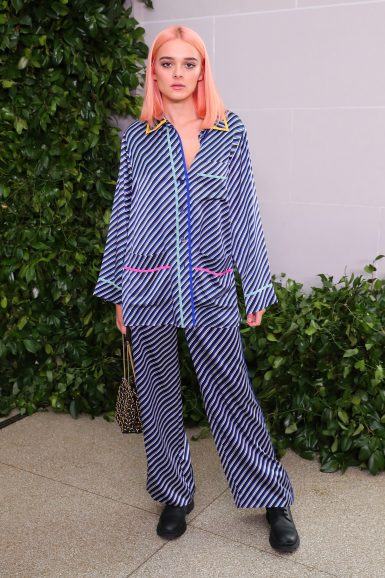 Charlotte Lawrence wearing Resort 2020 Contrast Binding Printed Bow Blouse, Pajama Pant and Evening Bejeweled Pouch